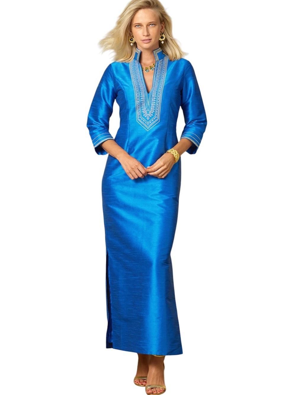 NEW Nicoblu Regine Royal Blue & Metallic Gold Embroidered Long Tunic Dress - 12